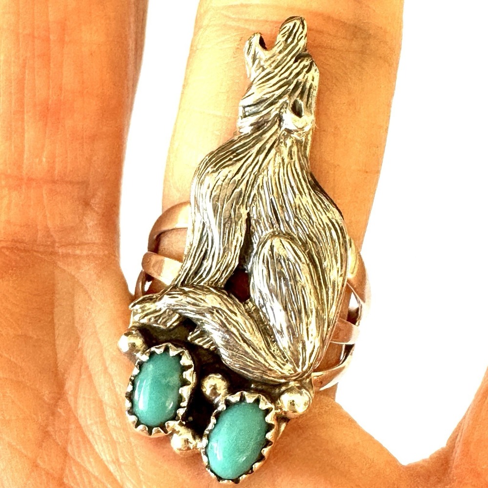 Navajo Wolf Turquoise Ring Sz 7 William Begay Sterling Howling Moon Native Amer